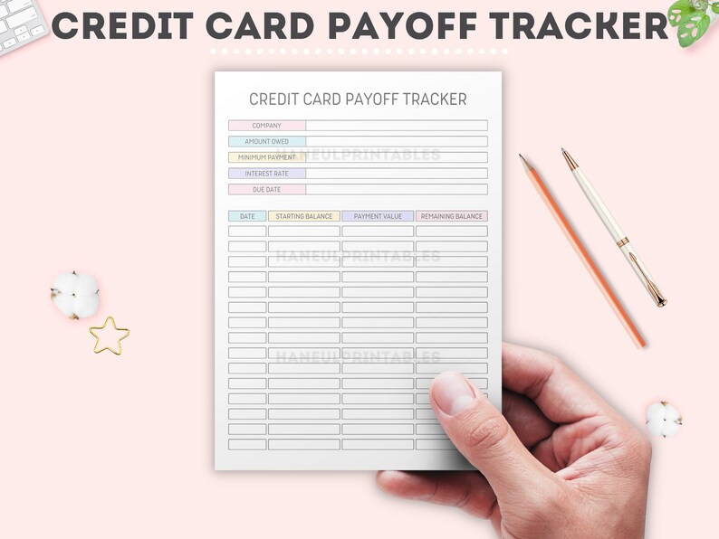 May include: A printable credit card payoff tracker with sections for company, amount owed, minimum payment, interest rate, due date, date, starting balance, payment value, and remaining balance.