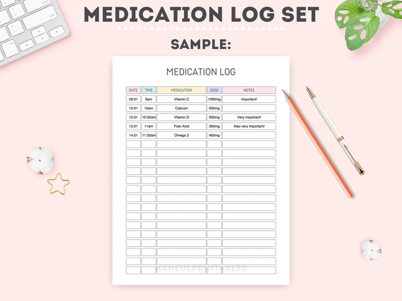 May include: A printable medication log sheet with columns for date, time, medication, dose, and notes. The sample log includes entries for Vitamin C, Calcium, Vitamin D, Folic Acid, and Omega 3.