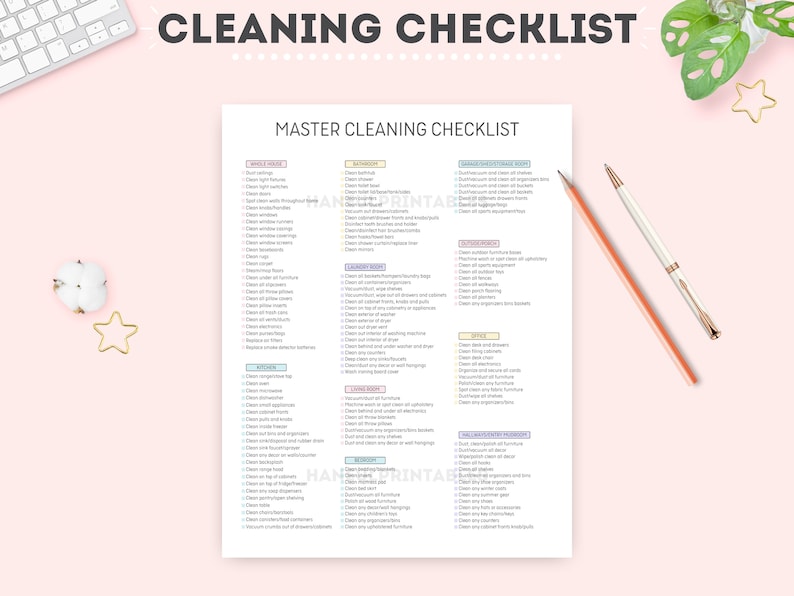 Pu&ograve; includere: Un elenco di controllo per la pulizia stampabile con il titolo "Master Cleaning Checklist". L'elenco di controllo &egrave; diviso in sezioni per diverse aree della casa, tra cui l'intera casa, il bagno, la lavanderia, il soggiorno, la cucina, l'ufficio e il garage/ripostiglio/lavanderia. Ogni sezione elenca compiti di pulizia specifici.