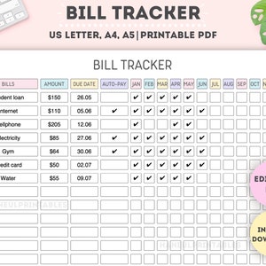 Editable Yearly Bill Payment Tracker|Printable Bill Payment Checklist|Bill Payment Log|Expense Tracker|Bill Planner|A4/A5/Letter