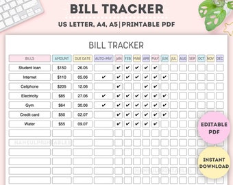 Editable Yearly Bill Payment Tracker|Printable Bill Payment Checklist|Bill Payment Log|Expense Tracker|Bill Planner|A4/A5/Letter