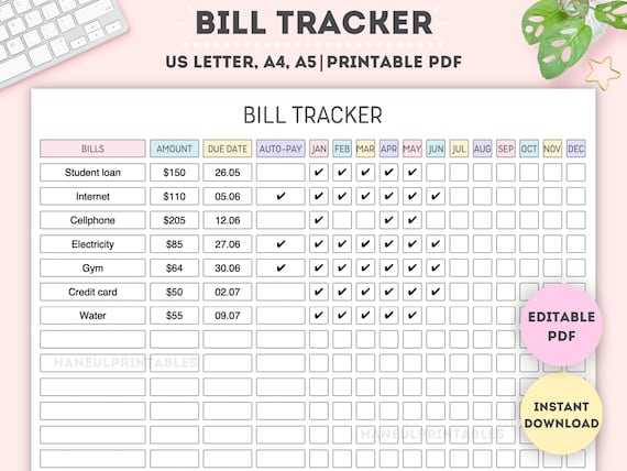 Editable Yearly Bill Payment Tracker: Printable Expense Tracker (A4/A5/Letter)