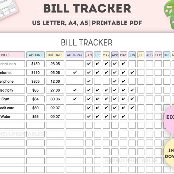 Bewerkbare jaarlijkse factuurbetalingstracker | Afdrukbare factuurbetalingscontrolelijst | Factuurbetalingslogboek | Onkostentracker | Bill Planner | A4/A5/Letter