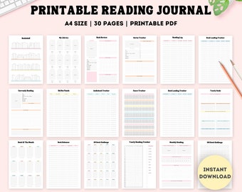 May include: Printable reading journal with 30 pages in A4 size. The journal includes pages for tracking books read, series, audiobooks, and yearly goals.  The pages are decorated with pastel colors and lines.