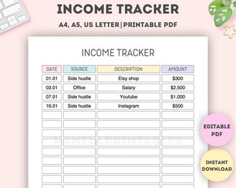 Editierbare Einkommenstracker| Ausdruckbarer Finanzplaner| Einkommensübersicht| Budgetplaner| Finance Organizer| Monatliches Einkommen| A4/A5/Buchstabe