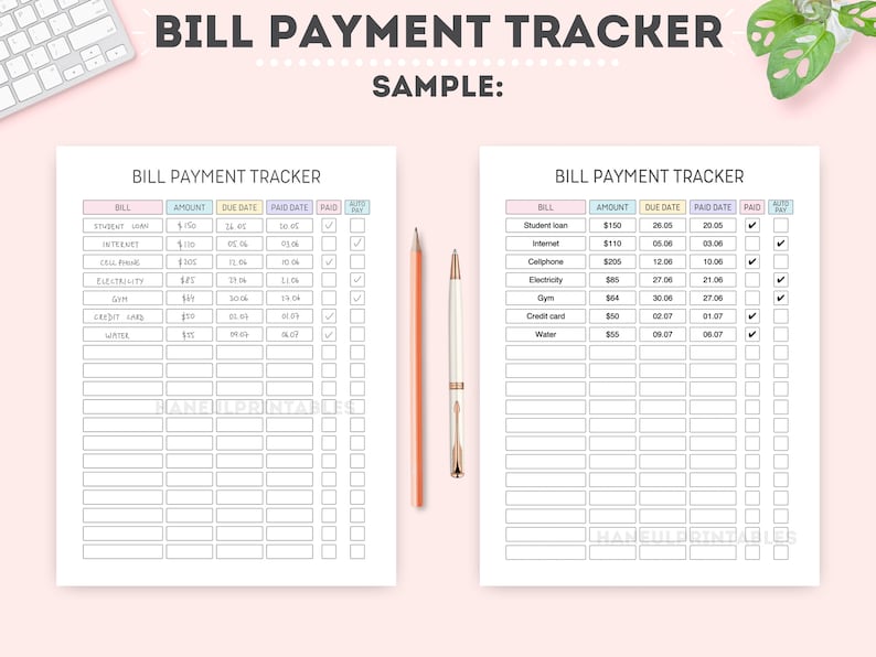 May include: Two bill payment tracker sheets with the title "BILL PAYMENT TRACKER" at the top. The sheets have columns for bill, amount, due date, paid date, paid, and auto pay. A pencil and pen are on the right side.
