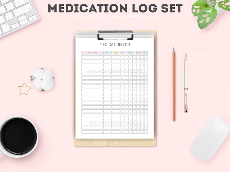 May include: A printable medication log sheet with a white background and black grid lines. The sheet is labeled "Medication Log" and has columns for medication, dose, time, and days of the week.