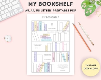 Bookshelf Printable Template: Reading Log, Book Tracker (A4/A5/Letter Size PDF)