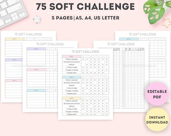 May include: Printable 75 Soft Challenge planner with five pages in A5, A4, and US Letter sizes. The planner includes a checklist for each day of the week with tasks such as following a meal plan, no alcohol and junk food, workout, 1.5 liters of water, 15 pages of reading, and a progress photo.