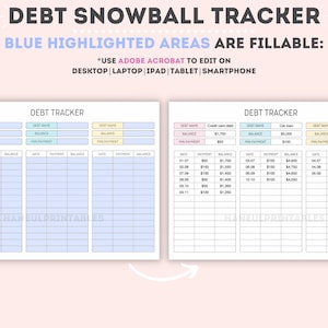 May include: A printable debt snowball tracker worksheet with blue highlighted areas for filling in debt information. The worksheet is divided into three sections: credit card debt, car loan, and personal loan. Each section has columns for debt name, balance, minimum payment, date, payment, and balance. The worksheet is designed to help users track their debt payments and progress towards becoming debt-free.