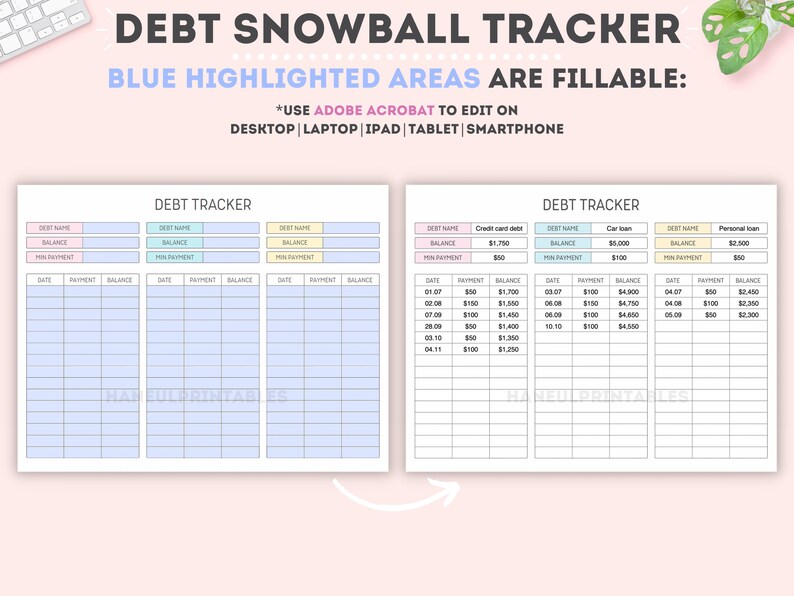 May include: A printable debt snowball tracker worksheet with blue highlighted areas for filling in debt information. The worksheet is divided into three sections: credit card debt, car loan, and personal loan. Each section has columns for debt name, balance, minimum payment, date, payment, and balance. The worksheet is designed to help users track their debt payments and progress towards becoming debt-free.