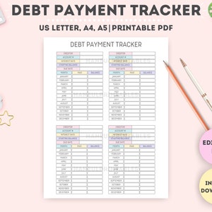 May include: Printable debt payment tracker with two pages. Each page has a table with columns for creditor, account number, interest rate, starting balance, due date, month, paid, and balance. The table is designed to track debt payments for a year.