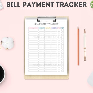 May include: A clipboard with a "BILL PAYMENT TRACKER" form, featuring columns for bill, amount, due date, paid date, and paid status. A pencil, pen, computer mouse, and a cup of coffee are on a pink surface. A keyboard, cotton ball, and star-shaped decoration are also visible.