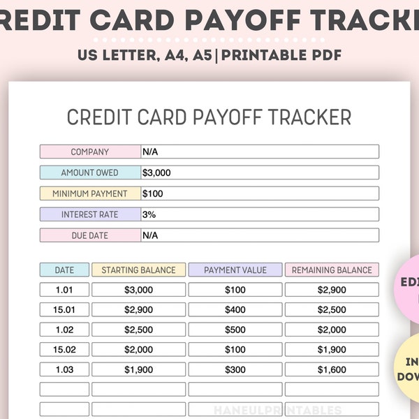 Bearbeitbarer Kreditkartenzahlungs-Tracker|Druckbarer Kreditkartenzahlungs-Tracker|Schuldenzahlungs-Tracker|Debt Payoff-Tracker|A4 / A5 / Letter