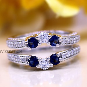 0.75 TCW Three Stone Round Blue Sapphire & Diamond Wedding Enhancer Ring For Women, 14KT White Gold Finish, Anniversary Ring, Gift For Her