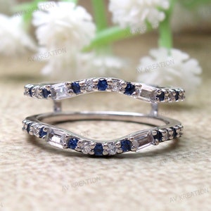 Enhancer Ring Guard Half Eternity Simulated Blue Sapphire Wedding Band Stackable Curved Band Enhancer Baguette Diamond Anniversary Gift