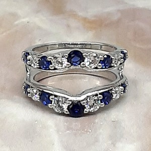 Designer Round Diamond Blue Sapphire Enhancer Ring, Engagement Enhancer Guard Ring, Wedding Enhancer Wrap Band Ring, White Gold Enhancer