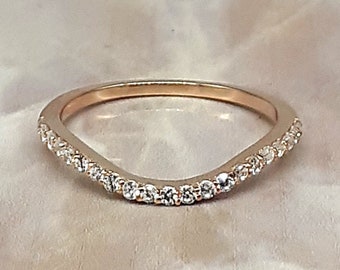 Natural Diamond Half Eternity Curved Delicate Band, Stacking Wedding Ring, Half Eternity 10kt/14kt/18kt Rose Gold Ring I1/G-H, Wedding Band