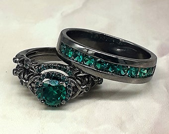 Black Rhodium Round Green Emerald CZ Women's & Men's Ring, Antique Sterling Silver Wedding Engagement Trio Ring Set, Women Men Tro Ring Set