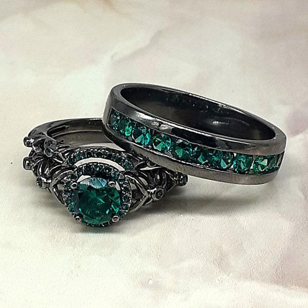 Black Rhodium Round Green Emerald CZ Women's & Men's Ring, Antique Sterling Silver Wedding Engagement Trio Ring Set, Women Men Tro Ring Set