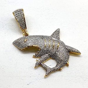 Shark Hip Hop Pendant, Men&#39;s Hip Hop Jewelry, Simulated Diamond Shark Pendant, 925 Sterling Silver Yellow Gold Plated, Hip Hop Pendant