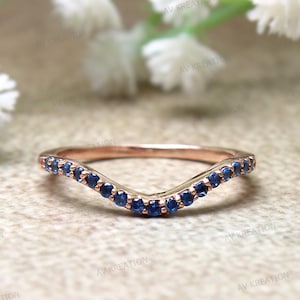 Blue Sapphire Chevron Wedding Band For Her, Blue Stackable Wedding Band, 14KT Rose Gold Natural Blue Sapphire Wedding Band Ring