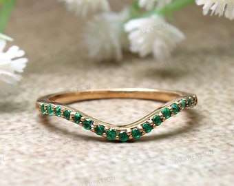 Green Emerald Chevron Wedding Band For Her, Blue Stackable Wedding Band, 14KT Solid Yellow Gold Natural Emerald Wedding Band Ring
