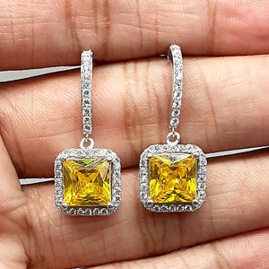 2.00 TCW Cushion Cut Yellow Sapphire Diamond Wedding Earring 925 Sterling Silver, Dangle Drop Bridesmaid Simulated Yellow Sapphire Earrings