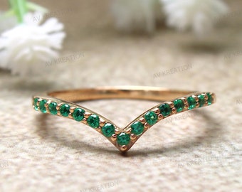 Natural Green Emerald Curved Wedding Band For Women, V Shape Band, Stackable Wedding 14KT Yellow Gold Chevron Wedding Band, May Birthstone