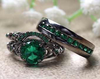 Black Rhodium Round Green Emerald CZ Women&#39;s & Men&#39;s Ring, Antique Sterling Silver Wedding Engagement Trio Ring Set, Women Men Tro Ring Set