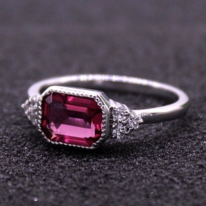 14k White Gold Finish, 1.30Ct Emerald Cut Ruby Solitaire With Accent Wedding Ring, Bridesmaids Ring, 925 Sterling Silver, Ruby Ring
