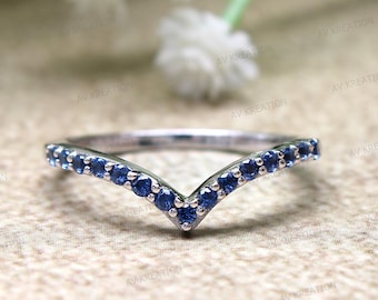 Natural Blue Sapphire Curved Shape Wedding Band For Women, V Shape Band, Stackable Wedding Band, 14KT White Gold Chevron Wedding Band