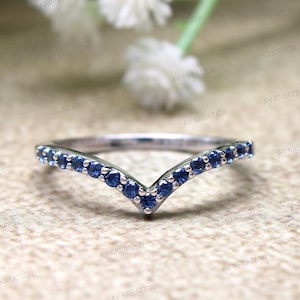 Natural Blue Sapphire Curved Shape Wedding Band For Women, V Shape Band, Stackable Wedding Band, 14KT White Gold Chevron Wedding Band