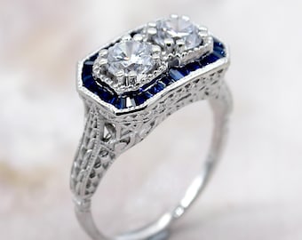 Two Stone Vintage Art Deco Reproduction Ring, 925 Sterling Silver Milgrain Engagement Ring, Round Twin Stone Sapphire CZ Ring, Crafty Ring