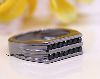 Men's Unique Round Cut Black Diamond Engagement Wedding Ring 14k Black Gold Finish, Anniversary Ring, Men's Ring, Promise Ring, Ring For Him