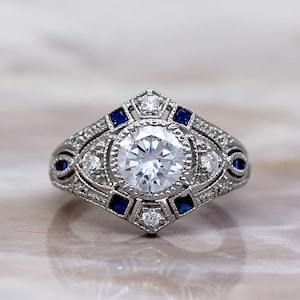 1.50 Carat Round Classic Art Deco Diamond Sapphire Engagement Ring, Reproduction Ring, Filigree Ring, Art Deco Reproduction Silver Ring