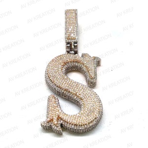 Colgante de hip hop con letra S hecho a medida, colgante de diamante redondo bicolor, colgante de plata de ley 925, joyería personalizada, joyería de hip hop personalizada