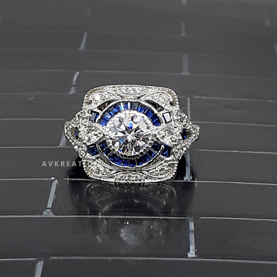 Vintage Art Deco Reproduction Ring 925 Sterling Silver Milgrain Work Wedding Engagement Statement Ring Round Solitaire Blue Sapphire CZ Ring