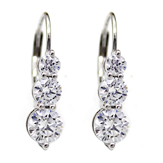 Three Stone Brilliant Cut Diamond Journey Drop Dangle Earrings Sterling Silver