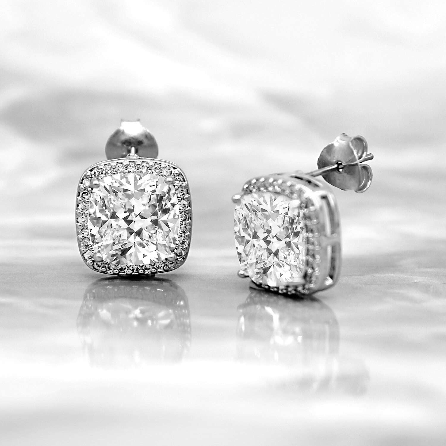 Cushion Halo Stud Earrings, Cushion Simulated Diamonds Stud