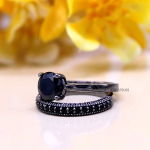 1.50 CT Black Diamond Solitaire Bridal Ring Set, Wedding Band Engagement Ring, Black Rhodium Bridal Rings Women, Anniversary Solitaire Ring