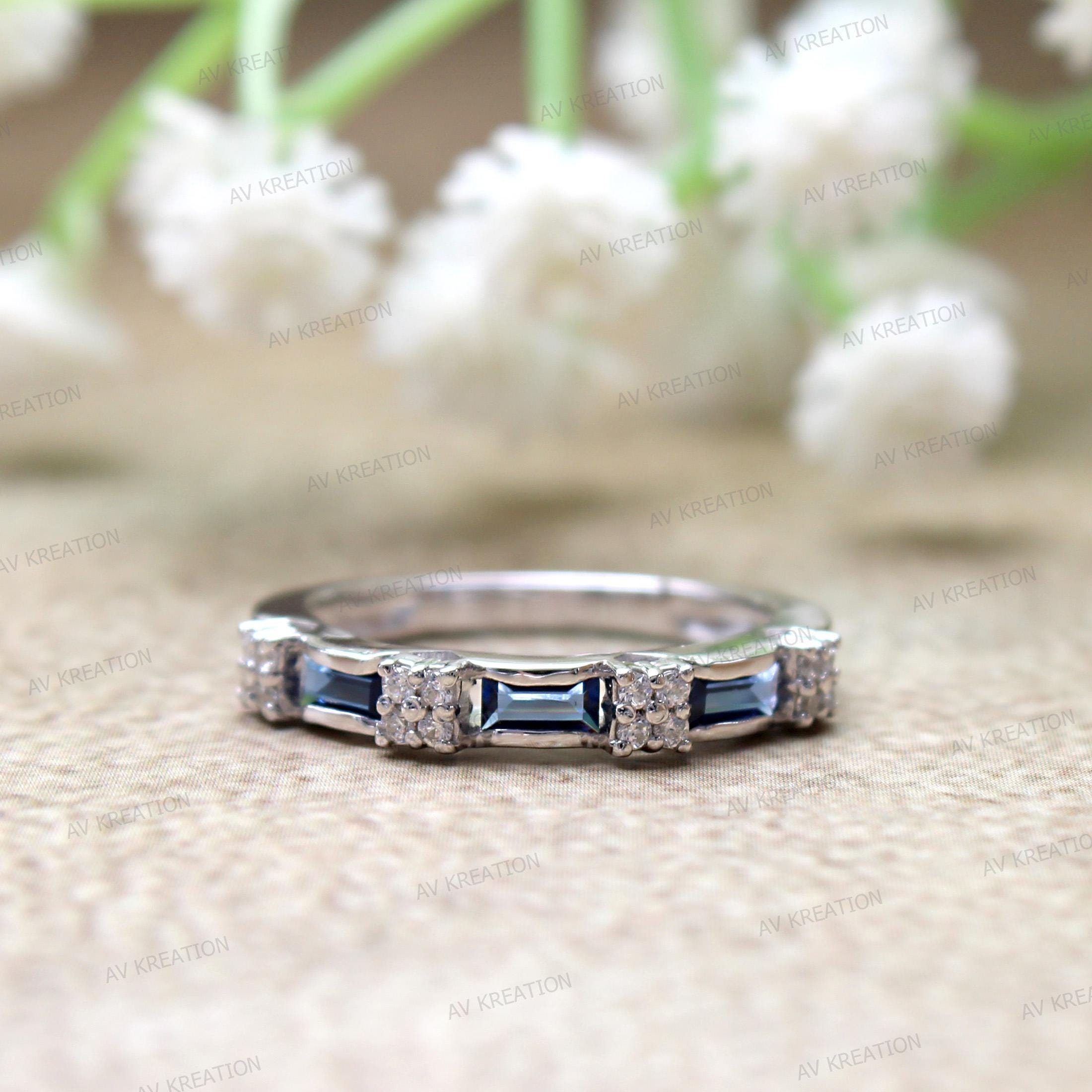 Half Eternity Stacking Wedding Band, Blue Baguette & Round Diamond Wedding Band Ring, 925 Sterling Silver, Classic Stackable Delicate Band