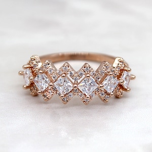 Art-Deco halbe Ewigkeit Hochzeit Band, Kissen geschnitten Diamant-Band, einzigartige Ehering, Ewigkeit Ehering, Sterling Silber Band Ring