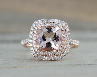 2Ct Cushion Cut Morganite Wedding Engagement Ring For Women, 14k Rose Gold Finish, 925 Sterling Silver, Bridesmaids Ring, Halo Ring