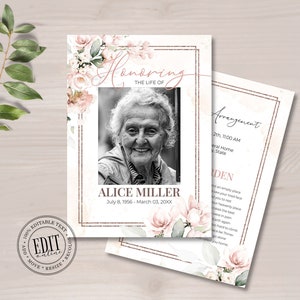 Beerdigung Programmvorlage mit rosa Blumen & Goldrahmen, bearbeitbares und druckbares Blumengedenkprogramm, in liebevoller Erinnerung 5x7&quot;, 5.5x8.5&quot;, A5