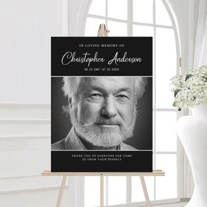 Funeral Welcome Sign Template, Celebration Of Life, Simple Black and White Funeral Poster Photo Sign, Fully Editable, Printable Obituary