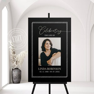 Black and Gold Funeral Welcome Sign Template, Celebration Of Life, Simple Funeral Poster Photo Sign, Fully Editable, Printable Obituary