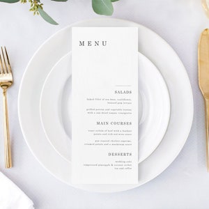 Plantilla de menú elegante, plantilla de menú de boda mínima, menú de cena de boda con guión moderno, menú de cena de recepción editable, descarga digital.
