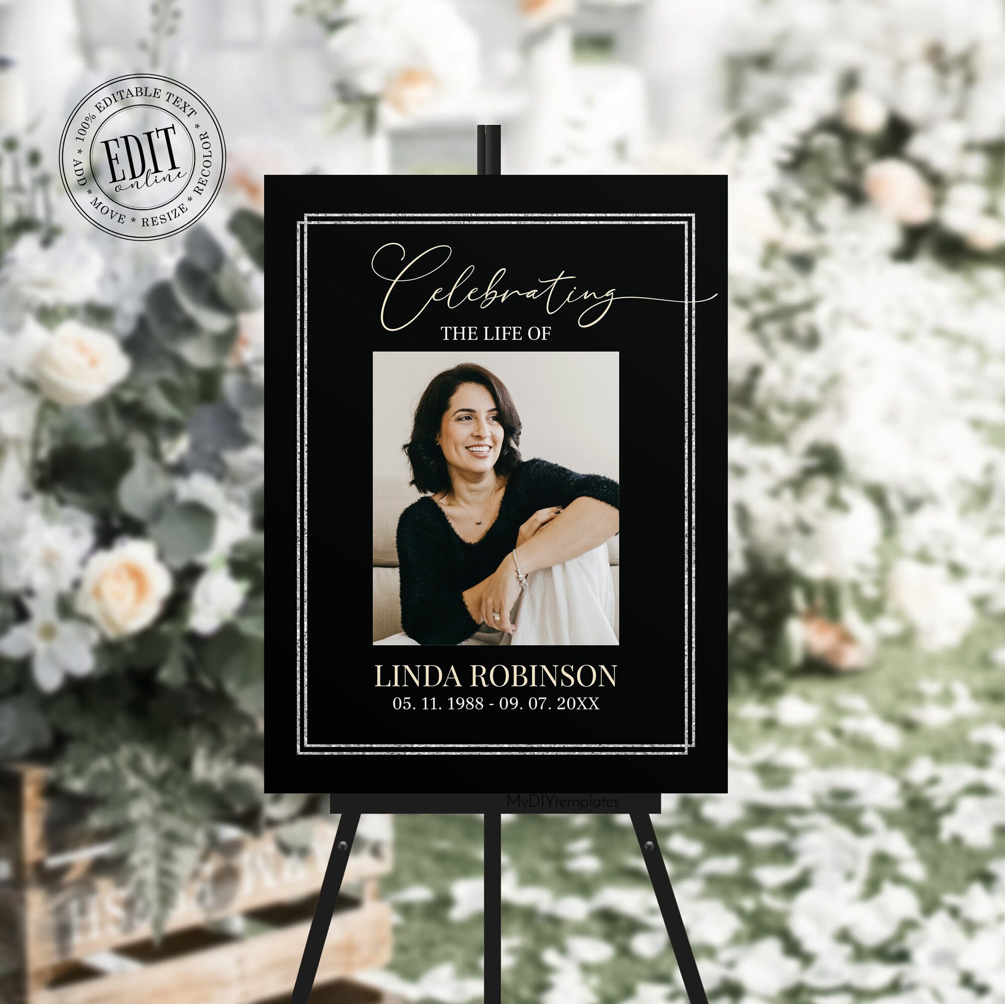Black and Gold Funeral Sign Template, Celebration of Life, Simple Funeral Poster Photo