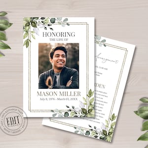 Greenery Funeral Program Template With Eucalyptus Leaves & Gold Calligraphy, Editable Printable Floral Memorial Program, 5x7&quot;, 5.5x8.5&quot;, A5